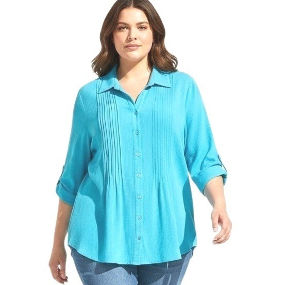 Woman Within Pintucked Button Down Gauze Shirt Women's size 2X Comfy Loose Top